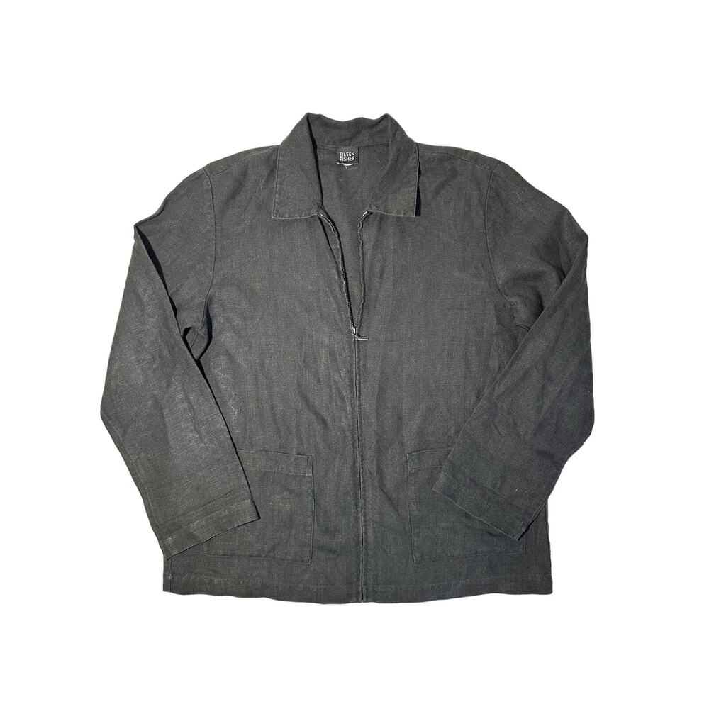 Eileen Fisher 100% Irish Linen Black Zip Jacket Size Large